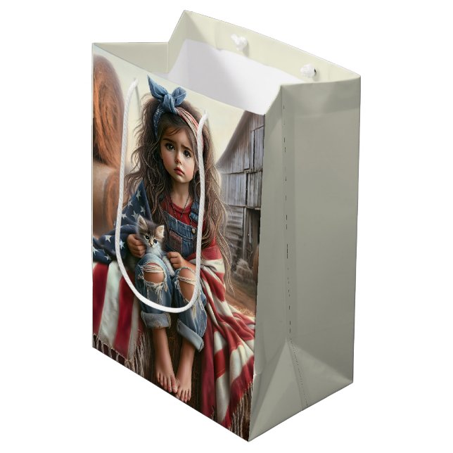 Birthday Girl With American Flag and Kitten Medium Gift Bag (Front Angled)