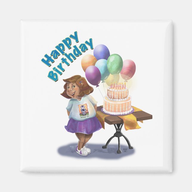 Birthday Girl with Balloons and Cake Magnet (Front)