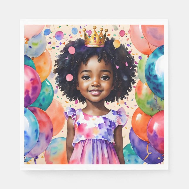 Birthday Girl With Brown Skin Princess Art Napkin (Front)