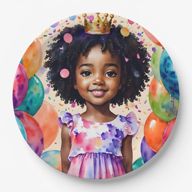 Birthday Girl With Brown Skin Princess Art Paper Plate (Front)