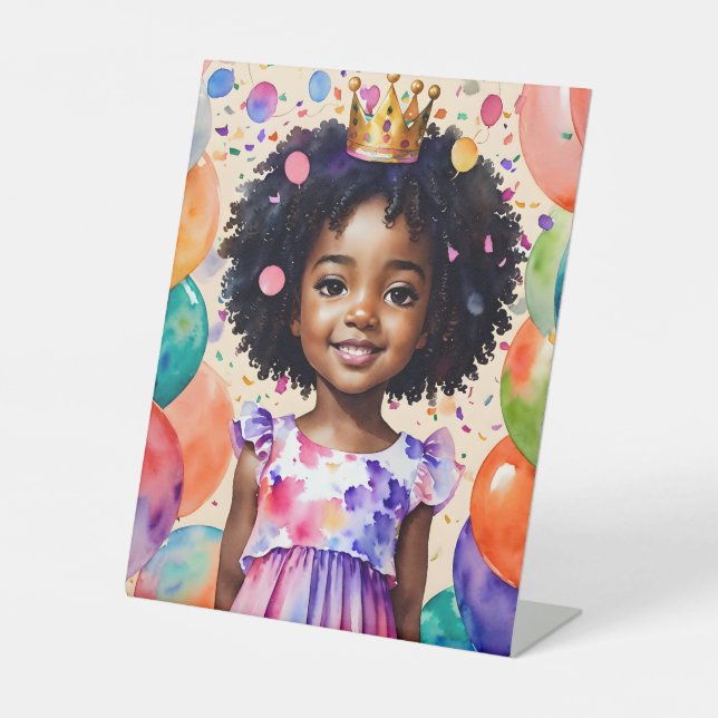 Birthday Girl With Brown Skin Princess Art Pedestal Sign (Front)