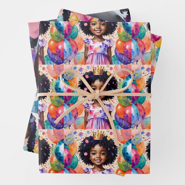 Birthday Girl With Brown Skin Princess Art Wrapping Paper Sheet (In situ)