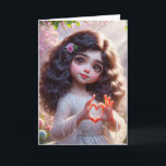 Birthday Girl With Heart Sign Card<br><div class="desc">Cute dark-haired little girl wearing a white lacy dress and her fingers displaying a heart shape sign.
All text can be changed.</div>