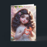 Birthday Girl With Heart Sign Card<br><div class="desc">Cute dark-haired little girl wearing a white lacy dress and her fingers displaying a heart shape sign.
All text can be changed.</div>