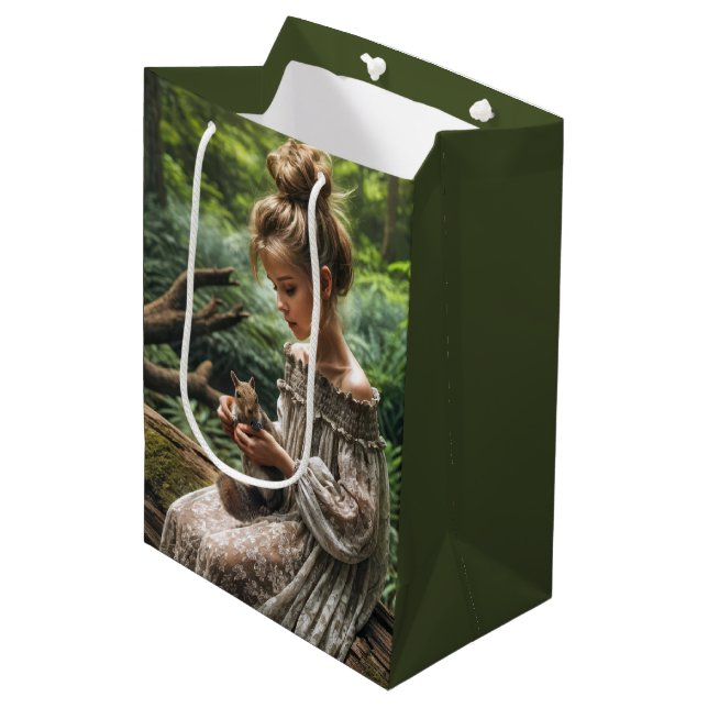 Birthday Girl With Squirrel In Woodland Medium Gift Bag (Front Angled)