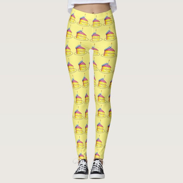Birthday Girl Yellow Pink Cake Slice Candle Foodie Leggings (Front)