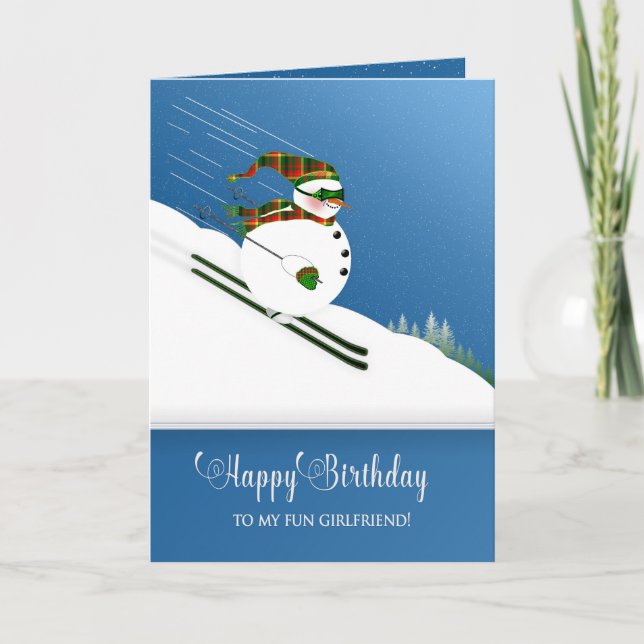 Birthday,Girlfriend, Happy Snowman Skiing Card (Front)