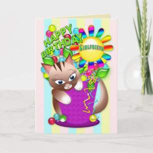 Birthday - Girlfriend - Kitty Cat Celebrating Card