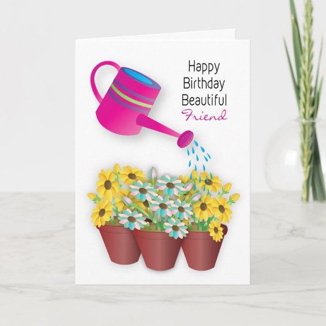 Birthday Girlfriend Watering Can Flowers 3D Effect Card (Front)