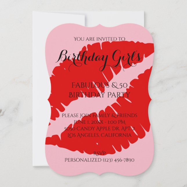 Birthday Girl's & 40 Red Lipstick with Pale Pink Invitation (Front)