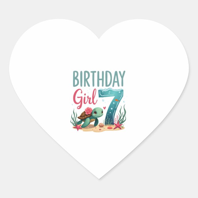 Birthday Girls 7th Sea Turtle 7 Year Old Ocean Aqu Heart Sticker (Front)