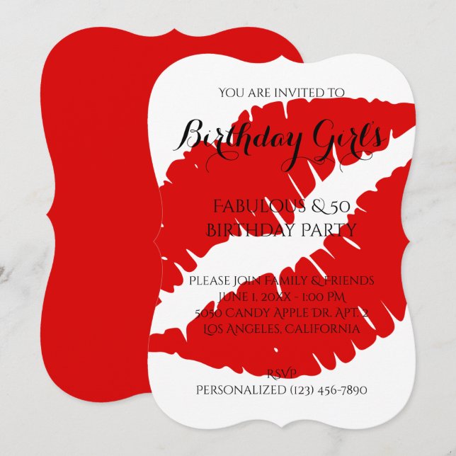 Birthday Girl's Fabulous & 50 Bright Red Lipstick Invitation (Front/Back)