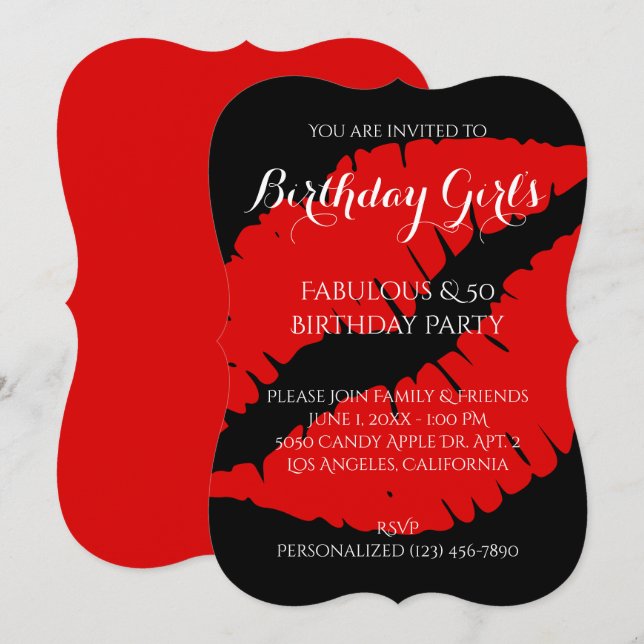 Birthday Girl's Fabulous & 50 Bright Red Lipstick Invitation (Front/Back)