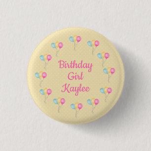 Birthday Girls Yellow Polka Dots And Balloons 3 Cm Round Badge