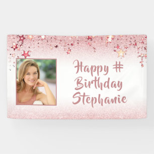 Birthday Girly Faux Rose Gold Glitter Stars Photo Banner