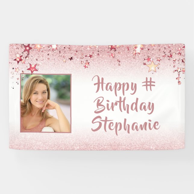 Birthday Girly Faux Rose Gold Glitter Stars Photo Banner (Horizontal)
