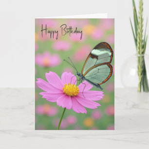 Birthday Glasswing Butterfly On a Cosmos Flower Card