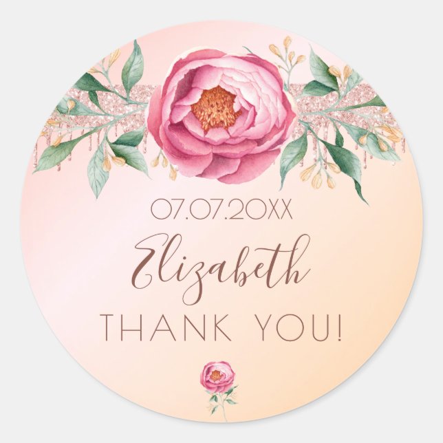Birthday glitter blush pink rose floral thank you classic round sticker (Front)