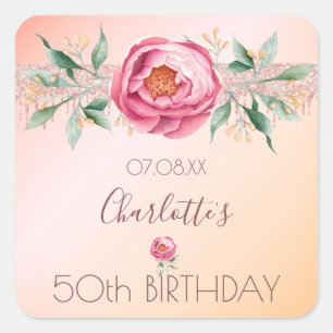Birthday glitter blush pink rose gold floral name square sticker