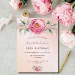 Birthday glitter pink rose gold florals invitation postcard<br><div class="desc">A romantic invitation for a 50th (or any age) birthday party. A rose gold and blush pink gradient background. A large pink watercolored rose, green leaves, foliage with small golden flowers. A rose gold faux glitter band behind the flowers. Personalise and add a name and party details. Dark rose gold...</div>