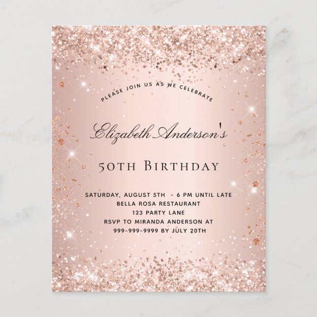Birthday glitter rose gold blush budget invitation flyer (Front)