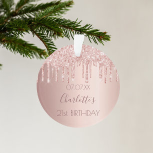 Birthday glitter rose gold pink 21 modern name ornament