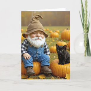 Birthday Gnome and Black Kitten On Pumpkins Card