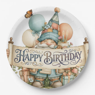 Birthday Gnome Illustration with Balloons Paper Plate