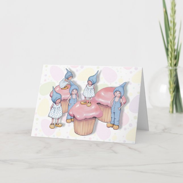 Birthday, Gnomes and Cupcakes, Pink Icing, Kids Card (Front)