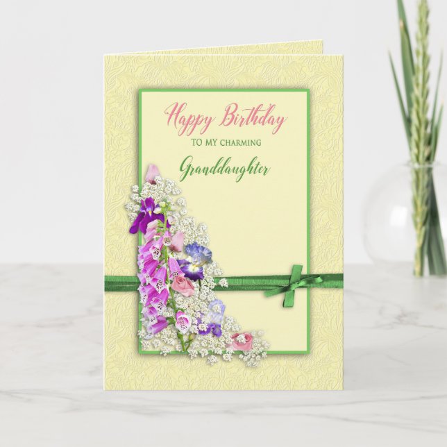 BIRTHDAY - GODDAUGHTER - GARDEN FLOWERS,GREEN BOW CARD (Front)