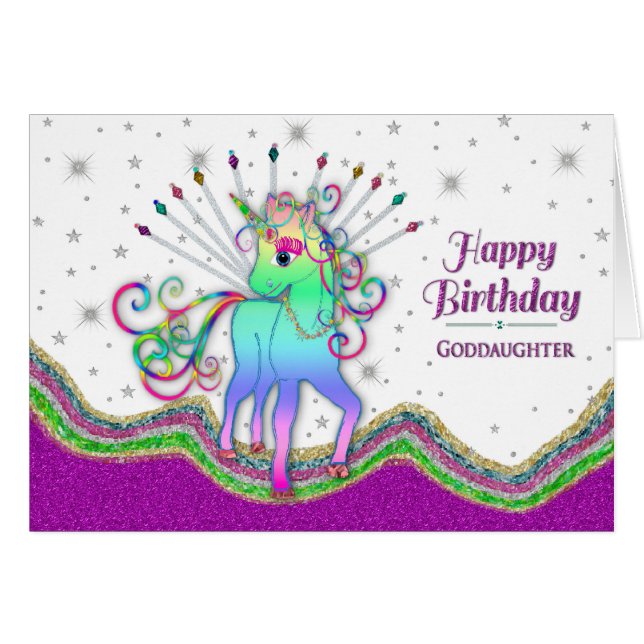 Birthday, Goddaughter, Unicorns and Rainbows (Front Horizontal)