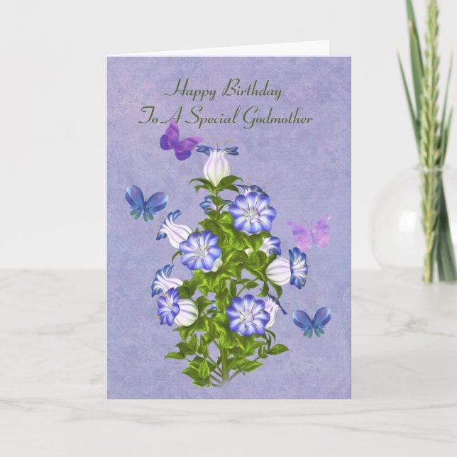 Birthday, Godmother, Butterflies and Bell Flowers Card (Front)