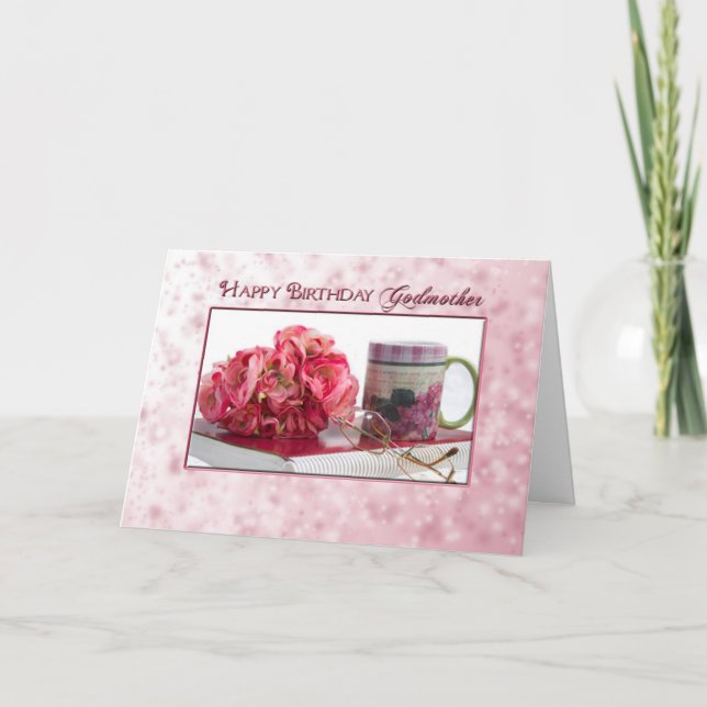 Birthday - Godmother - Pink Roses/Mug Card (Front)