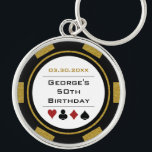 Birthday Gold Black Poker Chip Las Vegas Casino Key Ring<br><div class="desc">This black and gold poker chip style keychain would make a perfect gift for either the birthday boy, or, for the whole party as a gift! Personalise your design with a name and birth date # in black in the centre, and your custom text in a golden colour on top....</div>