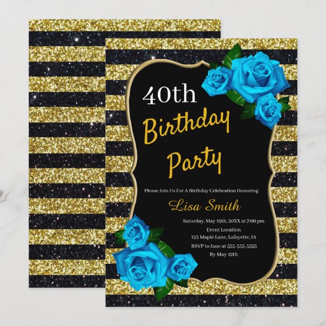 Birthday Gold Black Stripes Glitter Blue Roses Invitation (Front/Back)
