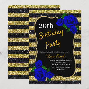 Birthday Gold Black Stripes Glitter Deep Blue Rose Invitation