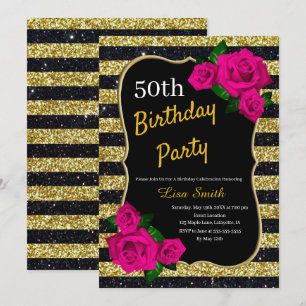 Birthday Gold Black Stripes Glitter Pink Roses Invitation