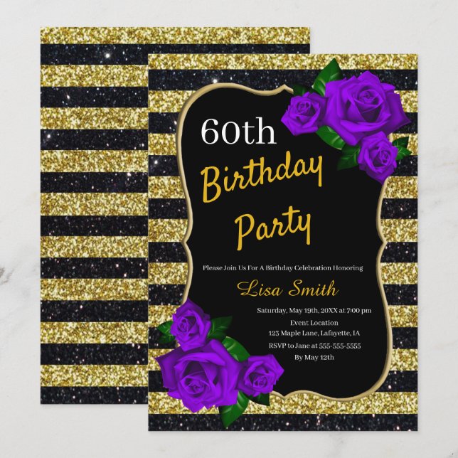 Birthday Gold Black Stripes Glitter Purple Roses Invitation (Front/Back)