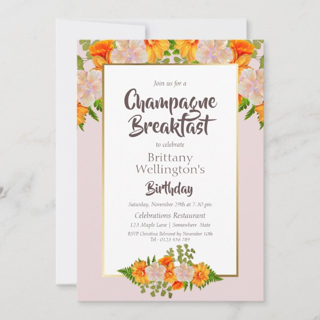 Birthday Gold Blush Floral Champagne Breakfast Invitation (Front)