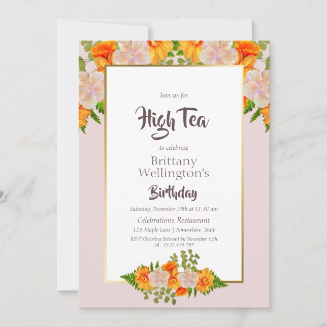 Birthday Gold Blush Pink Orange Floral High Tea Invitation (Front)