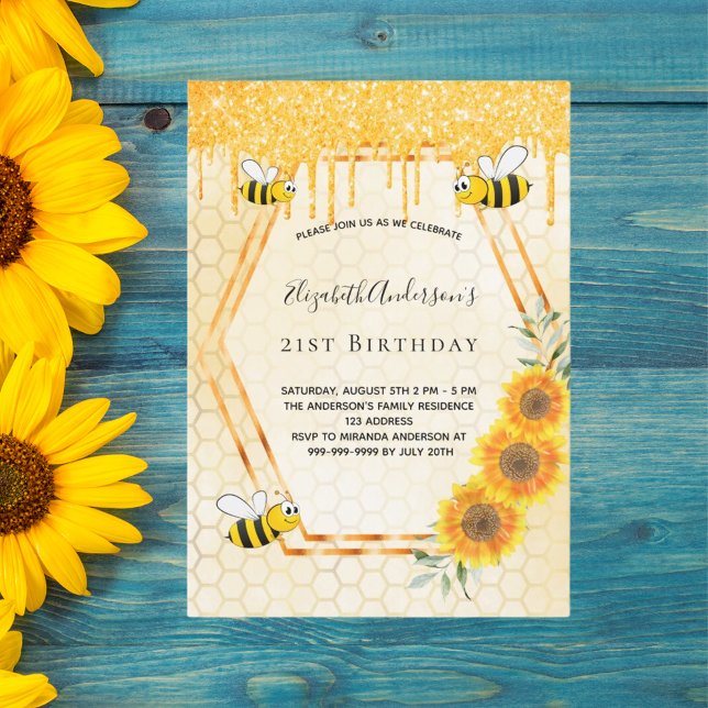Birthday gold bumble bees sunflowers glitter invitation (Creator Uploaded)