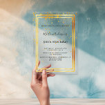 Birthday gold confetti clear acrylic invitations<br><div class="desc">A trendy,  modern 50th (or any age) birthday party invitation card for men,  guys,  male.   A clear,  transparent background. With a faux gold frame and golden confetti sprinkle,  black coloured letters. Personalise and add your name and party details.</div>