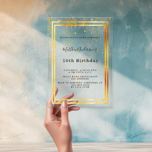 Birthday gold confetti clear acrylic invitations