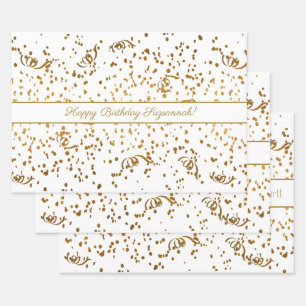 Birthday Gold Confetti Streamers Three Template Wrapping Paper Sheet