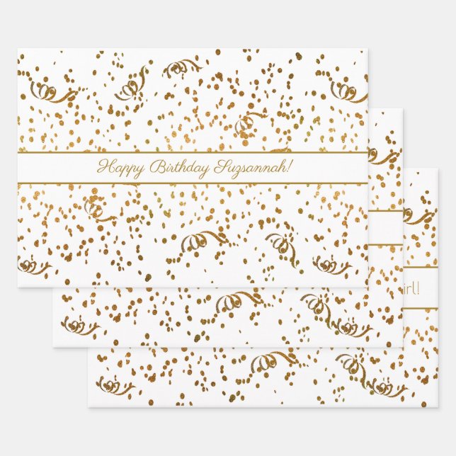 Birthday Gold Confetti Streamers Three Template Wrapping Paper Sheet (Set)