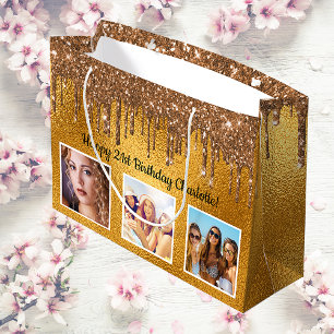 Birthday gold custom photo drips large gift bag