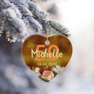 Birthday gold florals monogram name ceramic tree decoration