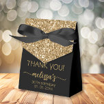 Birthday Gold Glitter Monogram Script Thank You Fa Favour Box<br><div class="desc">Girly Elegant Modern Simple Gold Glitter Monogram Name Signature Script Custom Personalised 30th (or any age) birthday Thank You Favour Box. This design featuring your first name in a pretty hand lettered style swash tail font signature typography (or calligraphy) above faux gold colour glitter block on black background. These stylish...</div>