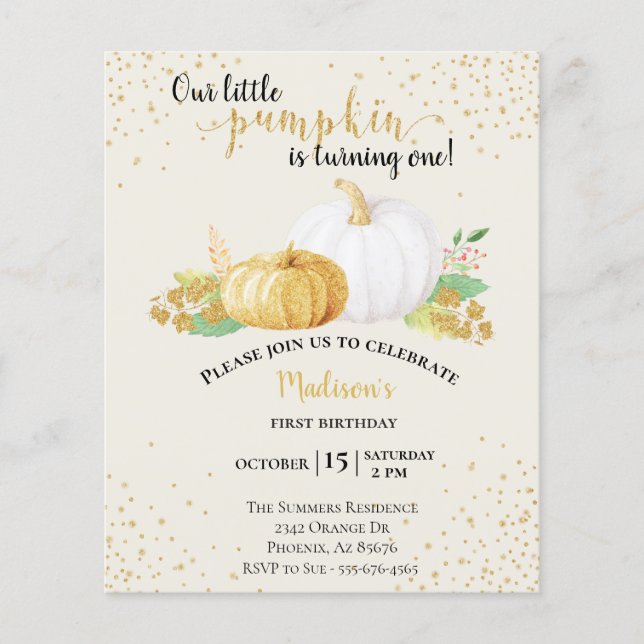 Birthday  Gold Glitter White Pumpkin Autumn Budget (Front)