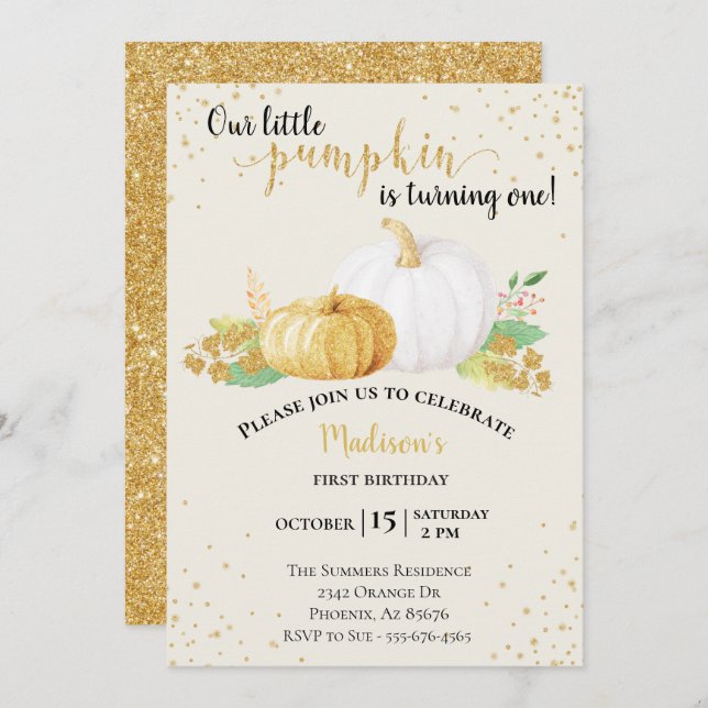 Birthday  Gold Glitter White Pumpkin Fall Autumn Invitation (Front/Back)